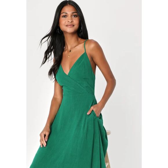 Lulus Warm Afternoons Green Linen Tie Back Midi Dress With Pockets - Picture 3 of 11